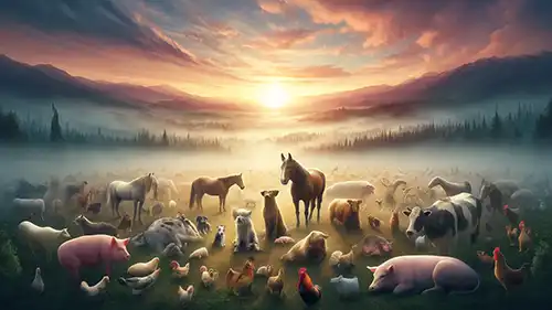 A beautiful scene with a mix of many different kinds of animals with beautiful mountains and sunset in the background
